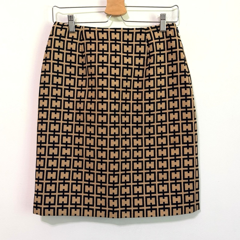 Harolds Size‎ 4 Geo Print Pencil Skirt Tan Black Lined Classic Career Wool FLAW